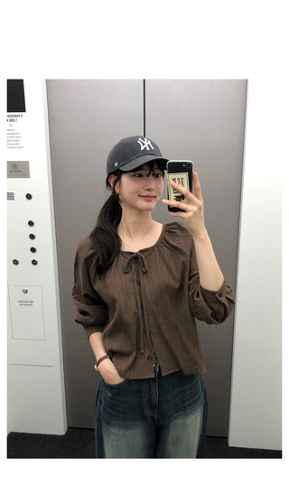 [3 colors] Ribbon puff sleeve blouse