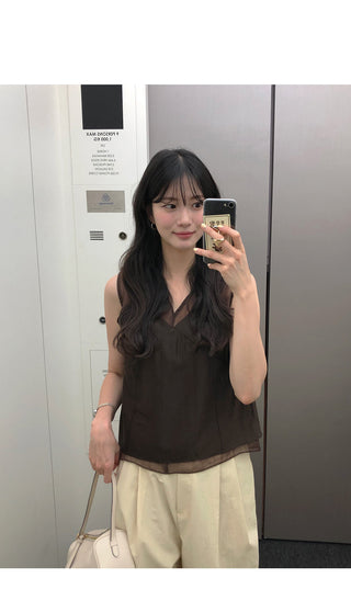 [4 colors] Sheer sleeveless blouse