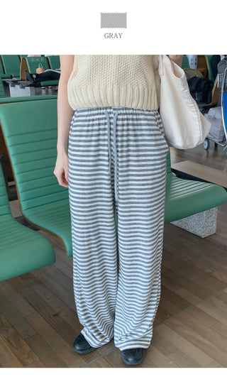 (3 colors) Striped elastic waist pants