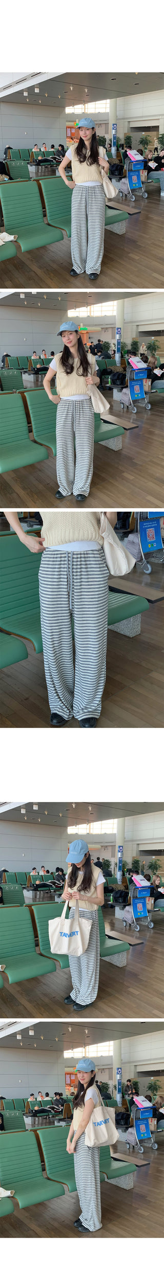 (3 colors) Striped elastic waist pants