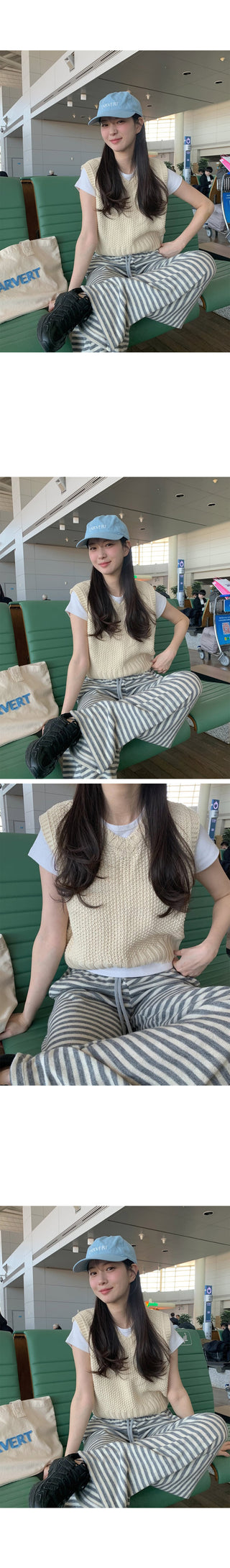 (3 colors) Striped elastic waist pants