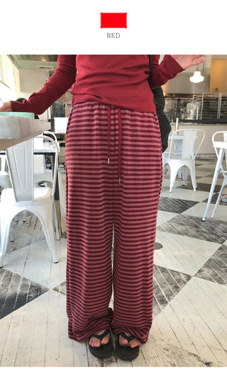 (3 colors) Striped elastic waist pants