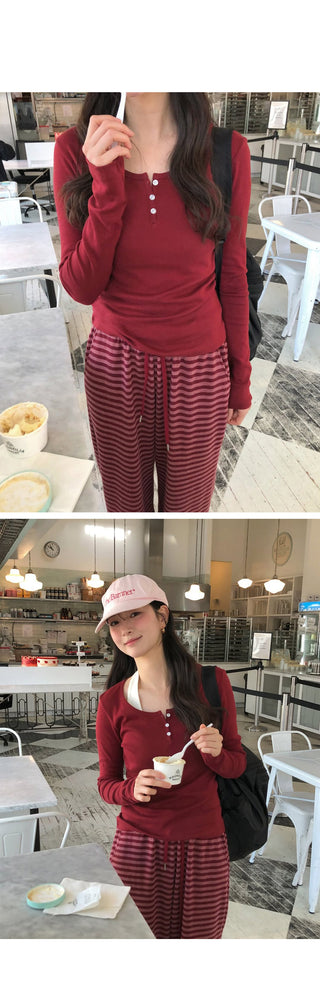 (3 colors) Striped elastic waist pants