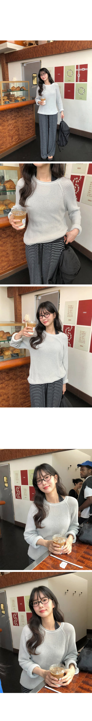 (3 colors) Striped elastic waist pants