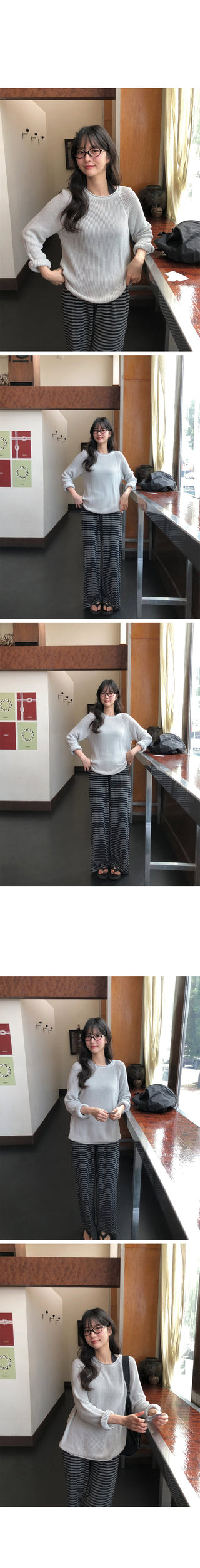 (3 colors) Striped elastic waist pants