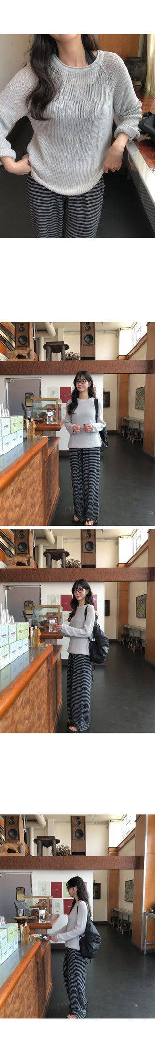 (3 colors) Striped elastic waist pants