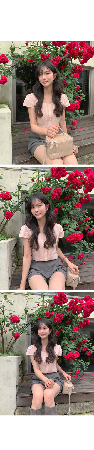 [2 colors] Square neck pintuck blouse