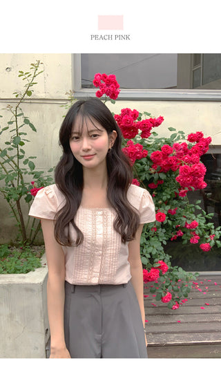 [2 colors] Square neck pintuck blouse
