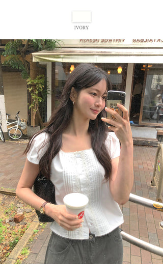 [2 colors] Square neck pintuck blouse