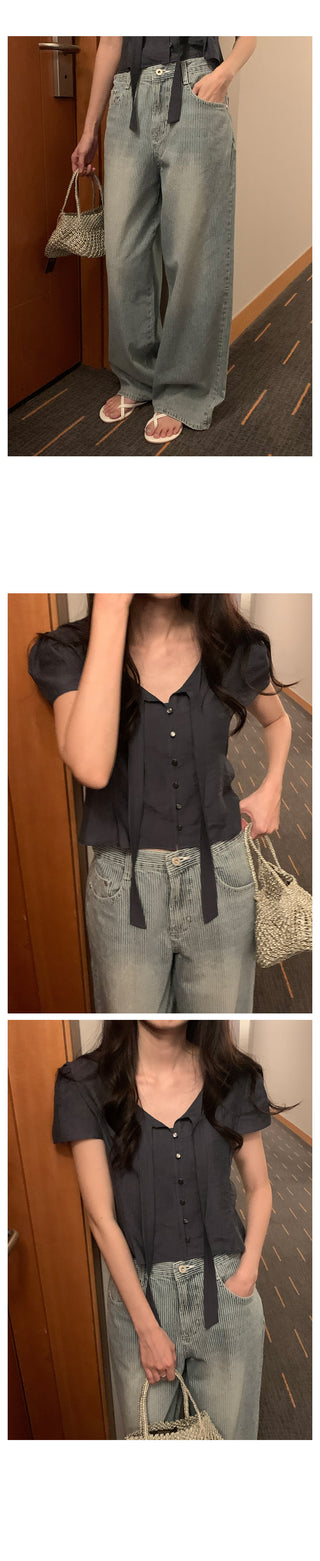 Striped wide-leg denim pants