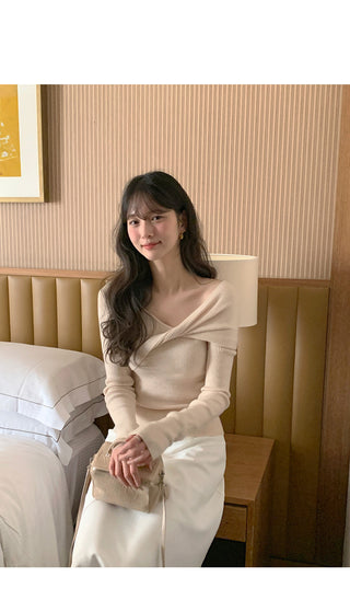 (5 colors) Drape Off-Shoulder Knit