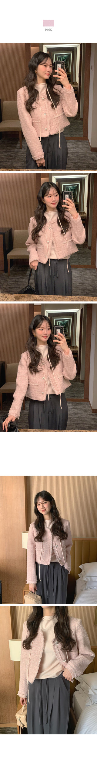 (2 colors) Collarless Tweed Jacket