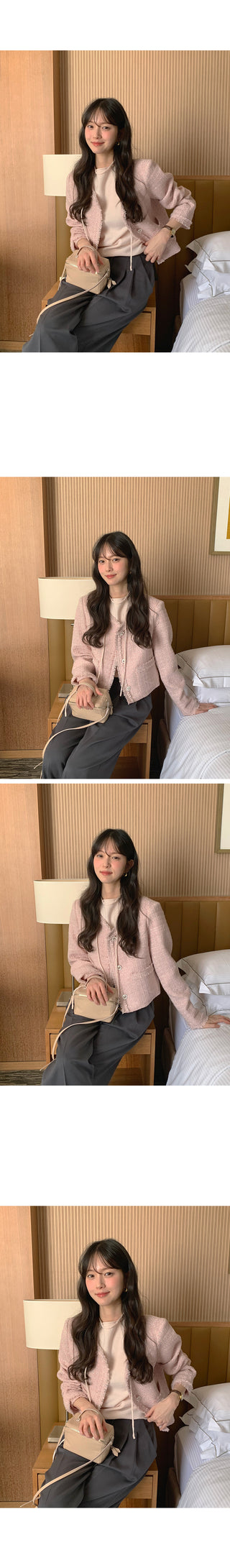 (2 colors) Collarless Tweed Jacket