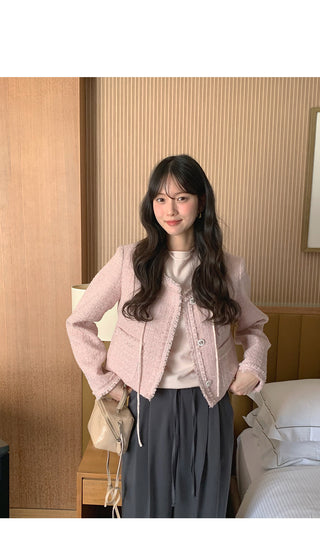 (2 colors) Collarless Tweed Jacket