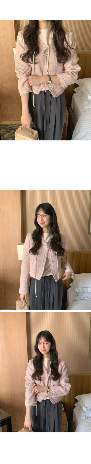 (2 colors) Collarless Tweed Jacket
