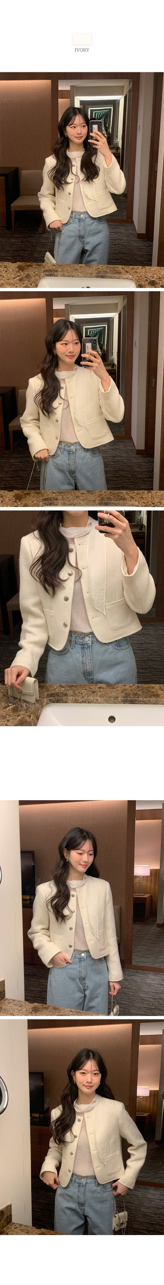 Collarless tweed jacket