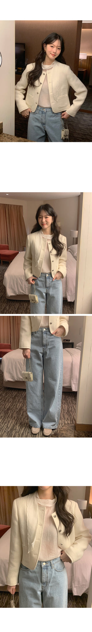 Collarless tweed jacket