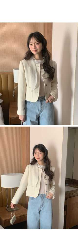 Collarless tweed jacket