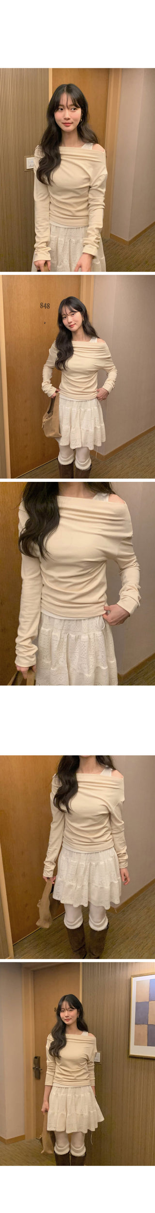 (2 colors) Off-shoulder layered T-shirt