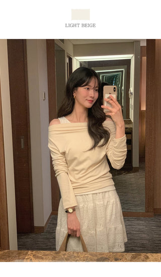 (2 colors) Off-shoulder layered T-shirt