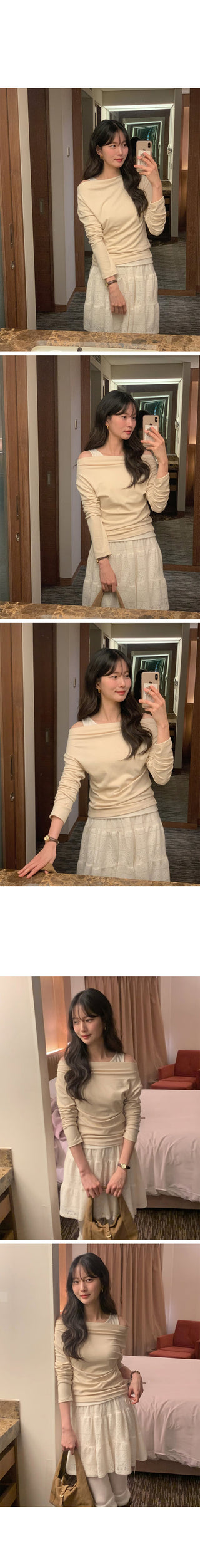 (2 colors) Off-shoulder layered T-shirt