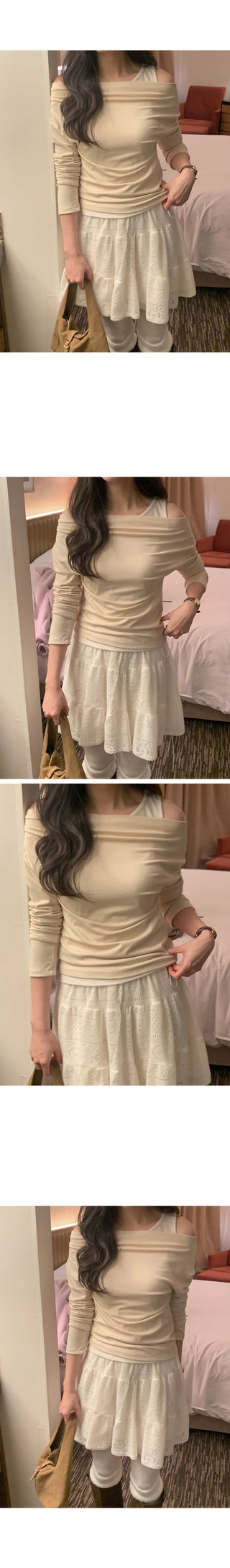 (2 colors) Off-shoulder layered T-shirt