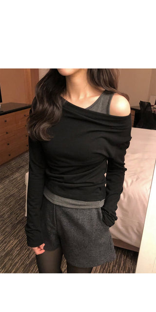 (2 colors) Off-shoulder layered T-shirt