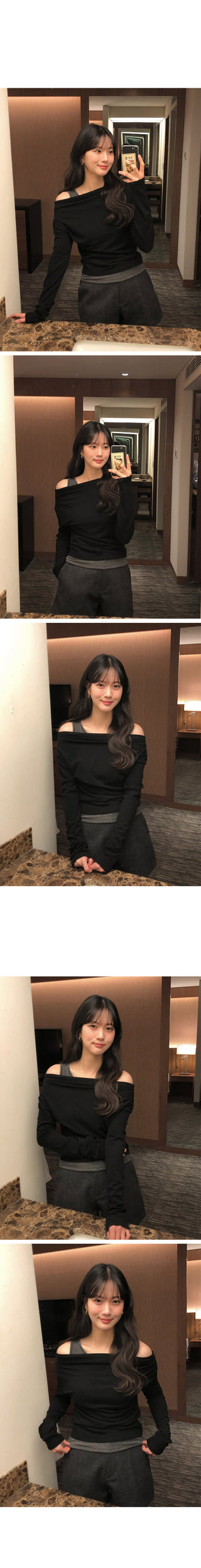 (2 colors) Off-shoulder layered T-shirt