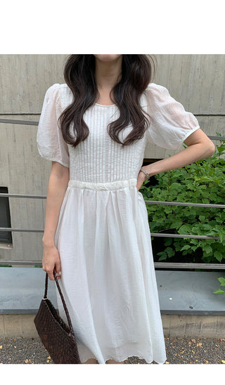 [3 colors] Pintuck Short-Sleeve Long Dress