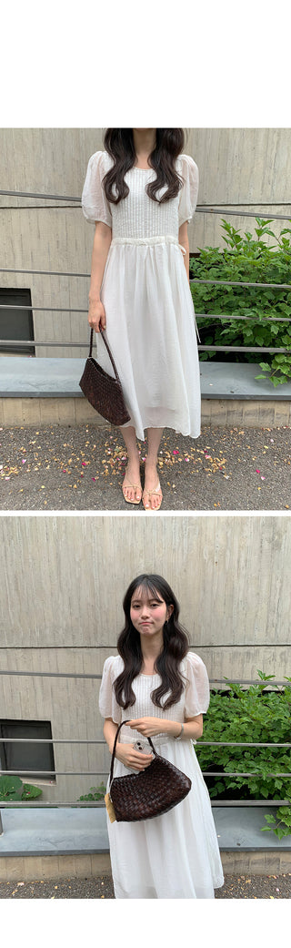 [3 colors] Pintuck Short-Sleeve Long Dress