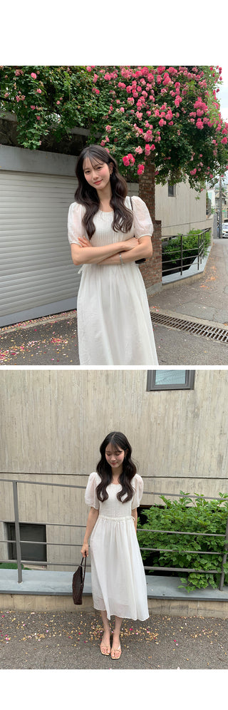 [3 colors] Pintuck Short-Sleeve Long Dress