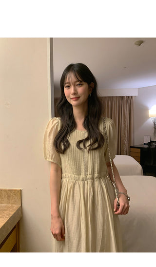 [3 colors] Pintuck Short-Sleeve Long Dress