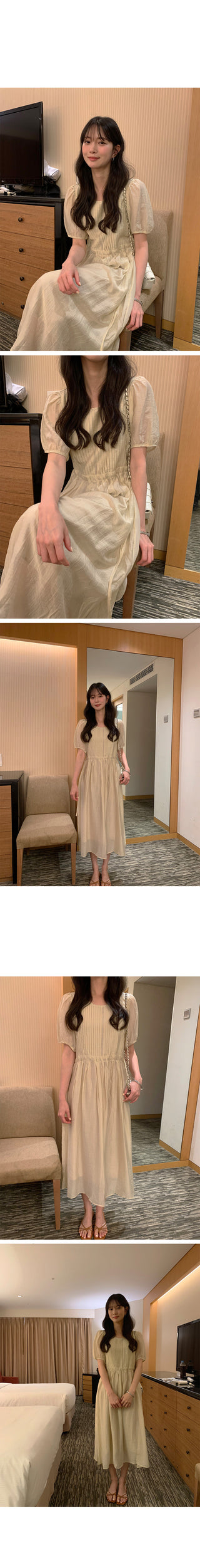 [3 colors] Pintuck Short-Sleeve Long Dress