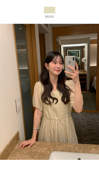 [3 colors] Pintuck Short-Sleeve Long Dress