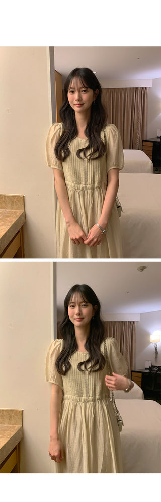 [3 colors] Pintuck Short-Sleeve Long Dress