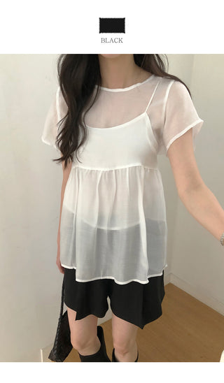 [2 colors] Banded sheer lace ribbon hooded loose-fit short-sleeve blouse