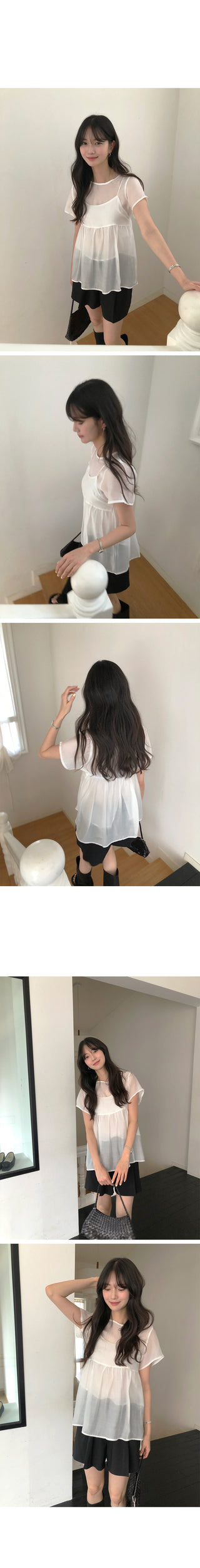 [2 colors] Banded sheer lace ribbon hooded loose-fit short-sleeve blouse