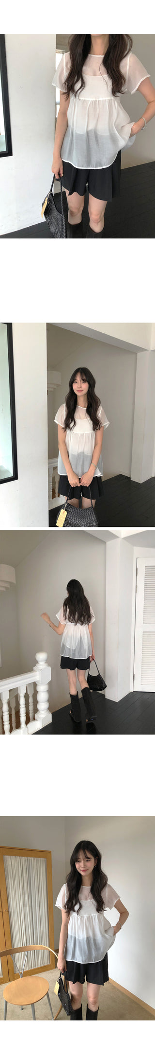 [2 colors] Banded sheer lace ribbon hooded loose-fit short-sleeve blouse