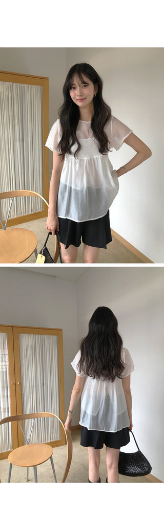 [2 colors] Banded sheer lace ribbon hooded loose-fit short-sleeve blouse