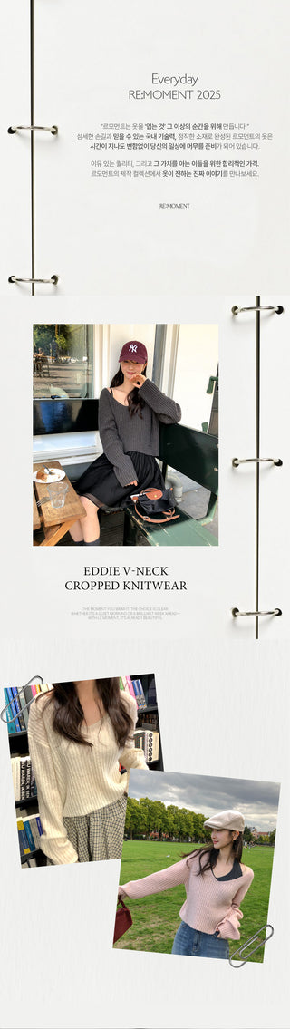(3 colors) V-neck cropped knit
