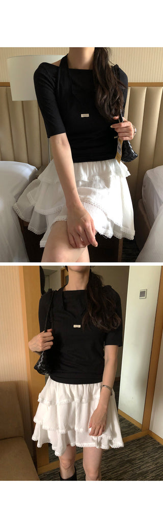 [3 colors] Ribbon Collar Wrap Blouse