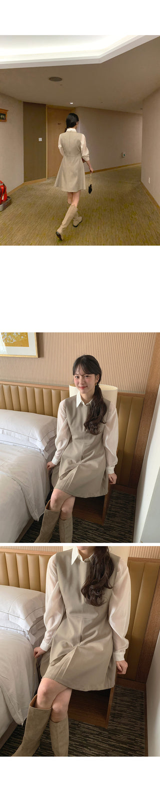 (2 colors) Crew neck mid-length dress