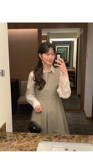 (2 colors) Crew neck mid-length dress