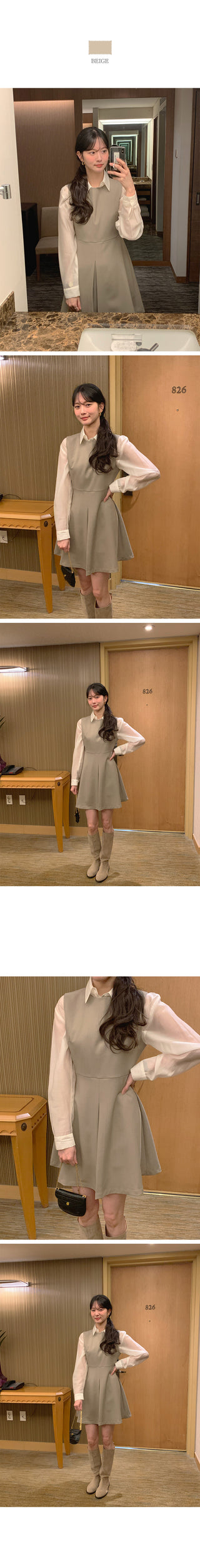 (2 colors) Crew neck mid-length dress