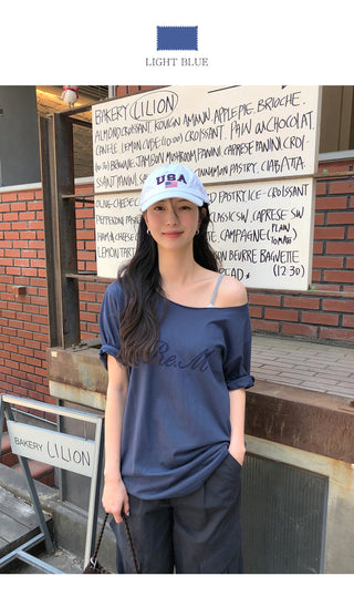 [2 colors] One-shoulder short-sleeve T-shirt