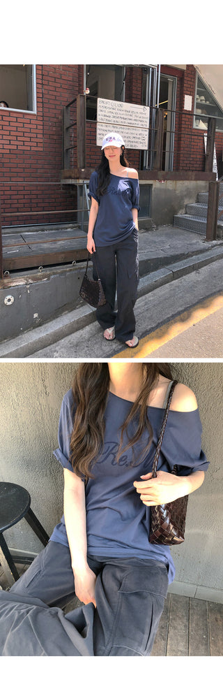 [2 colors] One-shoulder short-sleeve T-shirt