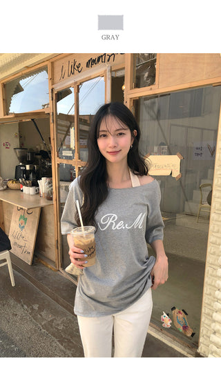 [2 colors] One-shoulder short-sleeve T-shirt