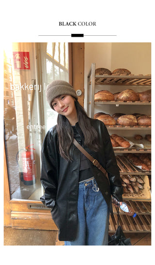 (2 colors) High-neck half leather jacket