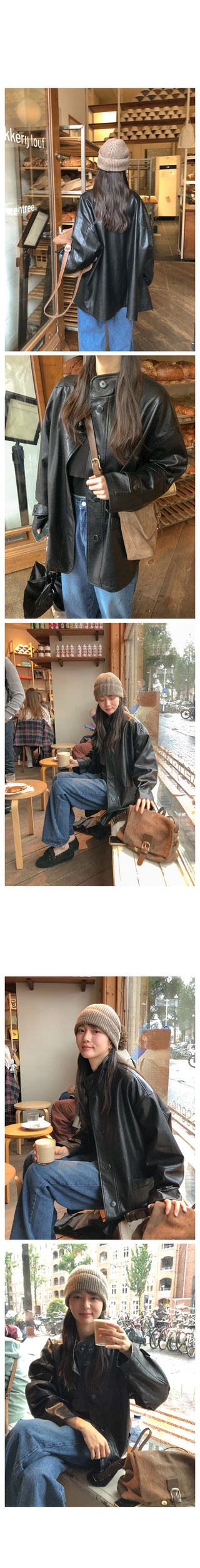 (2 colors) High-neck half leather jacket