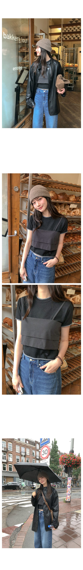 (2 colors) High-neck half leather jacket